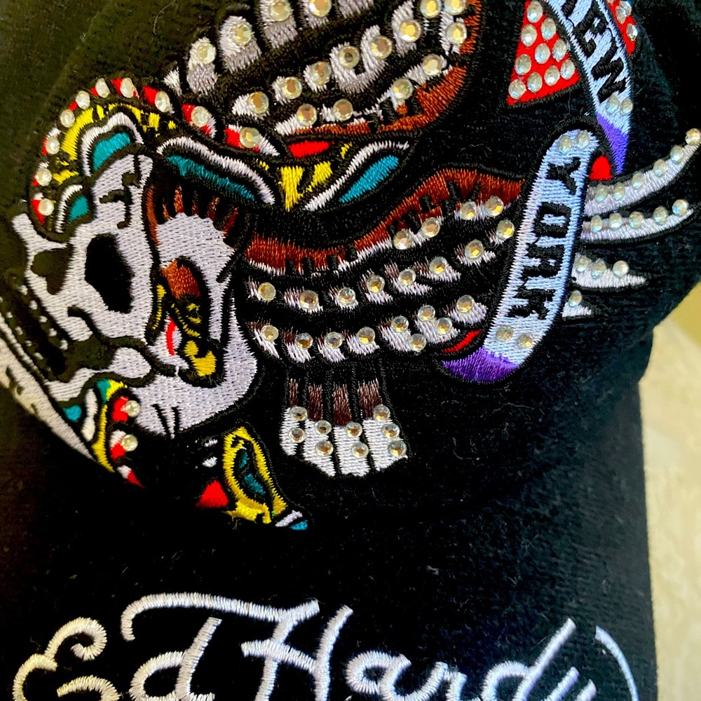 Ed Hardy Hat/Cap - Mesh Black Embroidered Rhinestone NYC Skull adjustable cap.